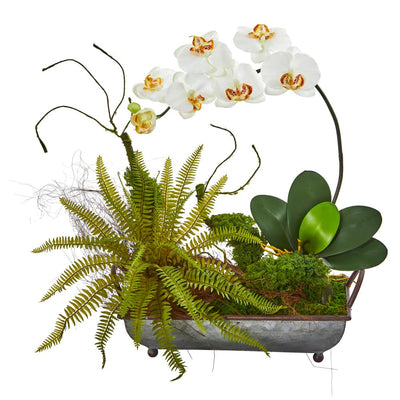 Phelaenopsis Orchid and Fern Artificial Arrangement in Metal Tray Default Title
