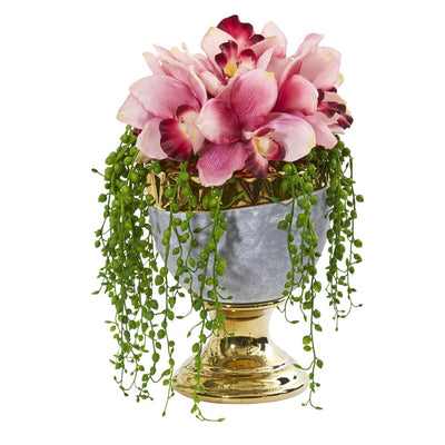 13” Cymbidium Orchid Artificial Arrangement in Designer Urn Default Title