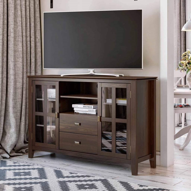 Dark Brown Solid Wood 35-inch High TV Stand with Glass Panel Doors
